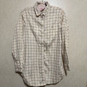 Tizzie Beige Yellow Plaid Flannel Chain Flip Cuff‎ Button Up Tunic Top